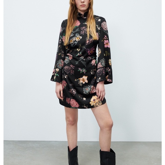 Zara Dresses & Skirts - ZARA Asian Style Floral Black Long Sleeve Dress New With Tags